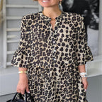 GRUSHA leopard print women's dress with button-up neckline and flared ruffle sleeves