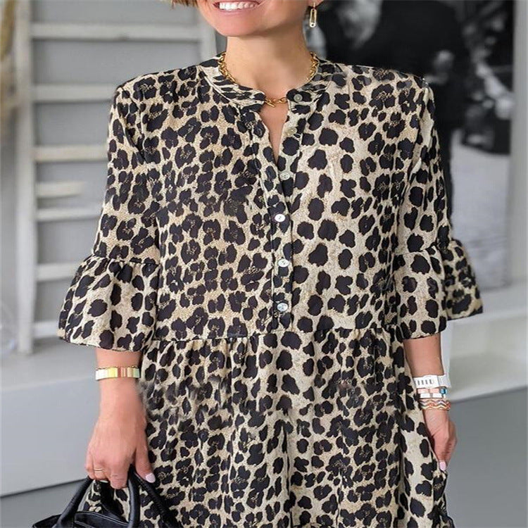 GRUSHA leopard print women's dress with button-up neckline and flared ruffle sleeves
