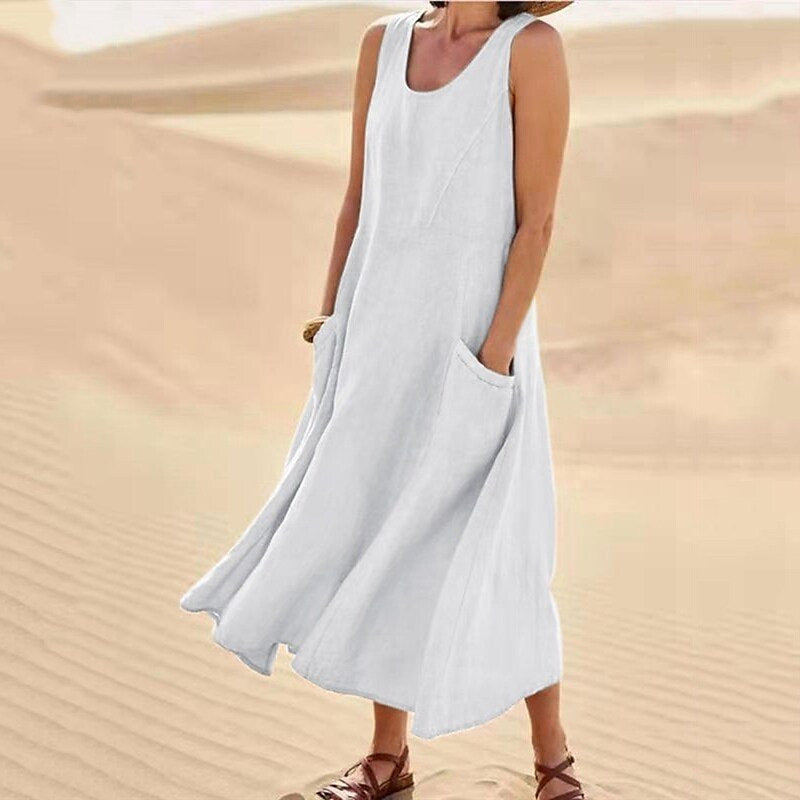 OONA sleeveless long summer dress in white, round neckline and side pocket