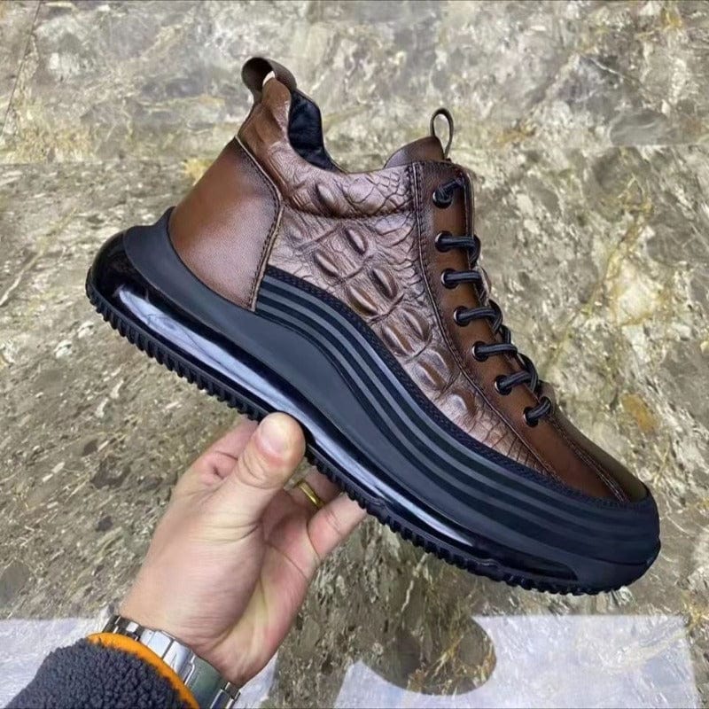 Brown lizard-pattern lace-up high-top sneakers on thick black sole, textured leather upper
