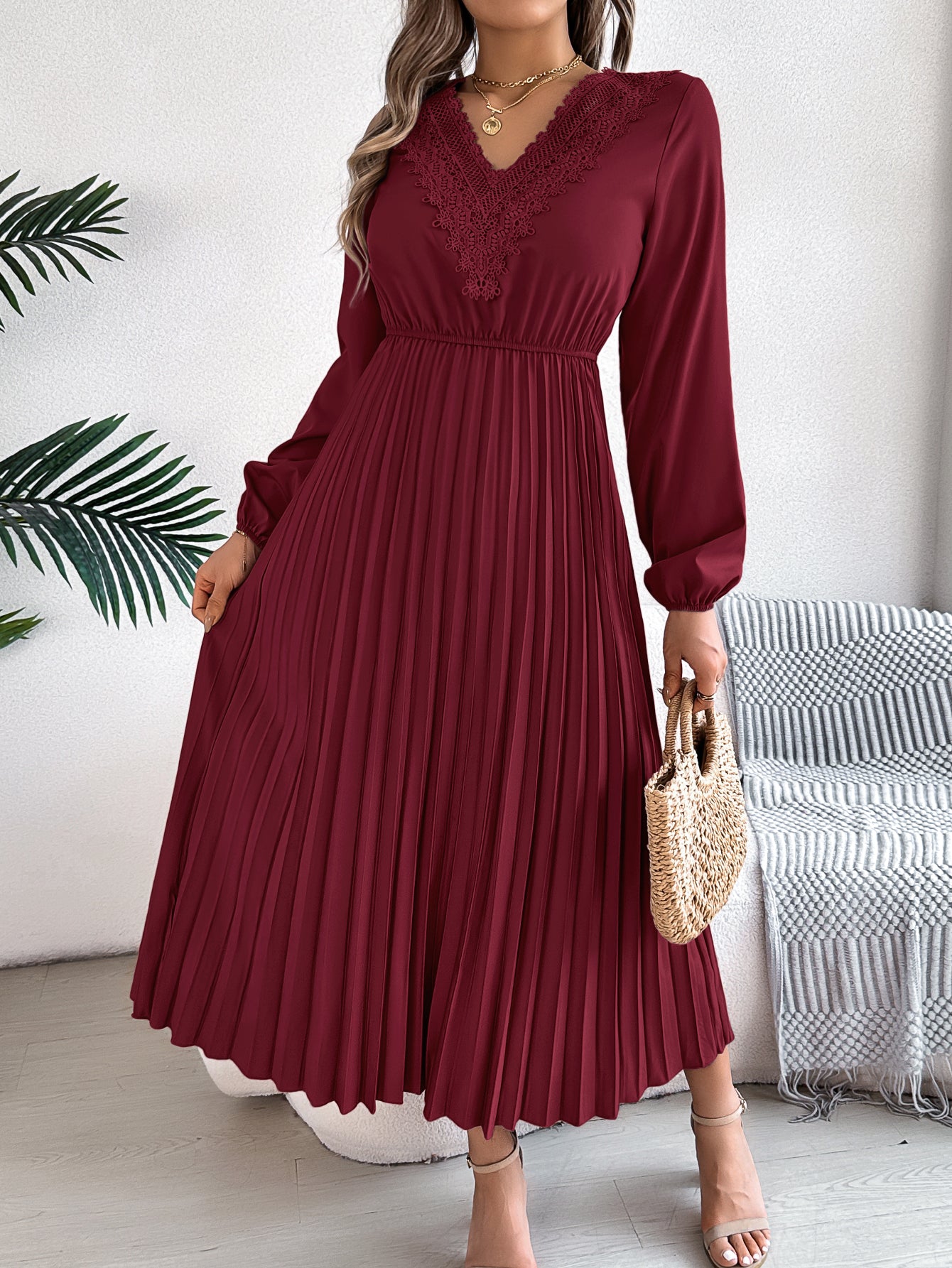 Wine red pleated midi dress with V-neck lace trim, long sleeves, gathered waist