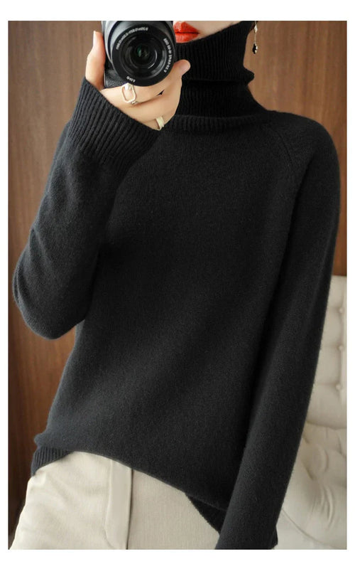 Cashmere turtleneck sweater, dark gray knit with ribbed cuffs and hem