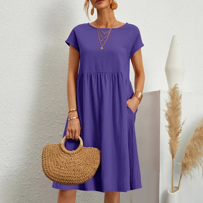 Sophie™ midi dress in purple, short sleeves, gathered waist, loose A-line skirt