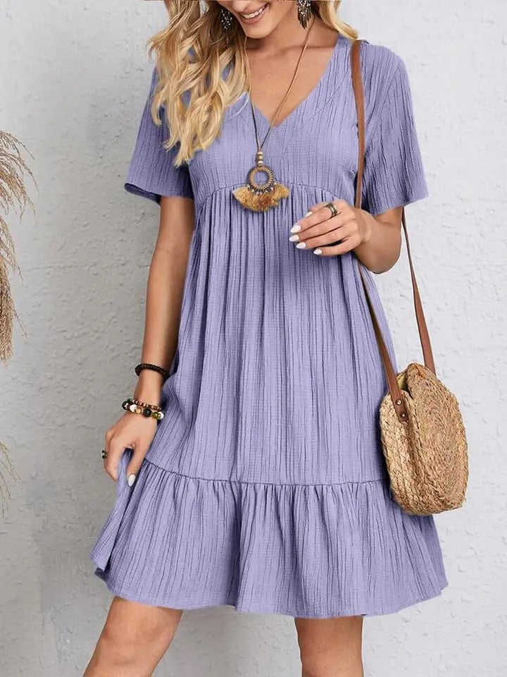 Nanna™ V-neck tiered dress, lavender short sleeves with tiered skirt