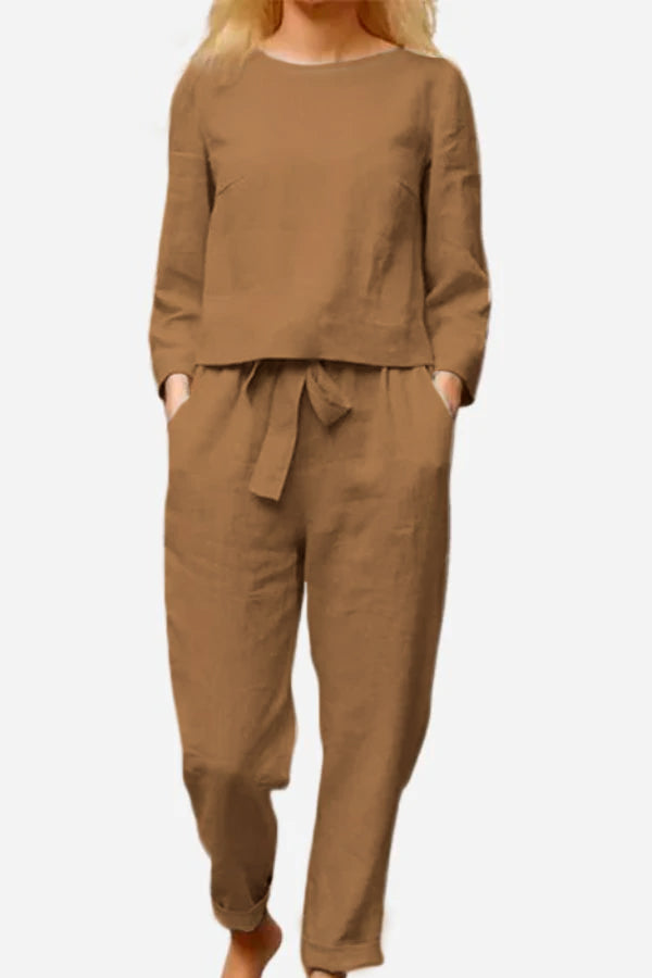 Ayla™ linen set, khaki: long-sleeve top and drawstring ankle pants