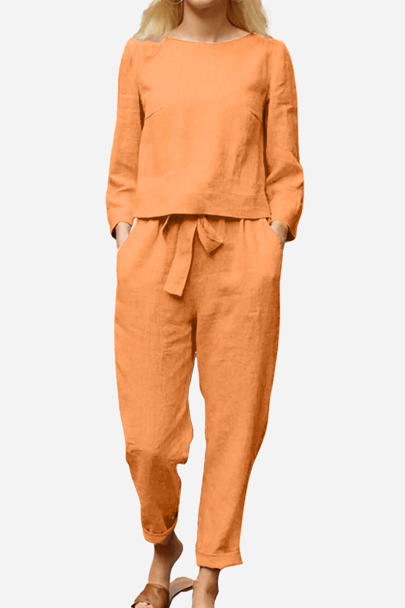 Ayla™ linen set, tangerine orange: long-sleeve top and drawstring ankle pants