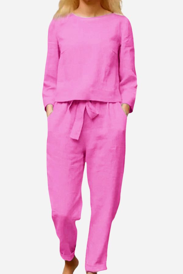 Ayla™ linen set, hot pink: long-sleeve top and drawstring ankle pants