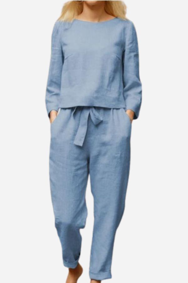 Ayla™ linen set, light blue: long-sleeve top with drawstring ankle pants