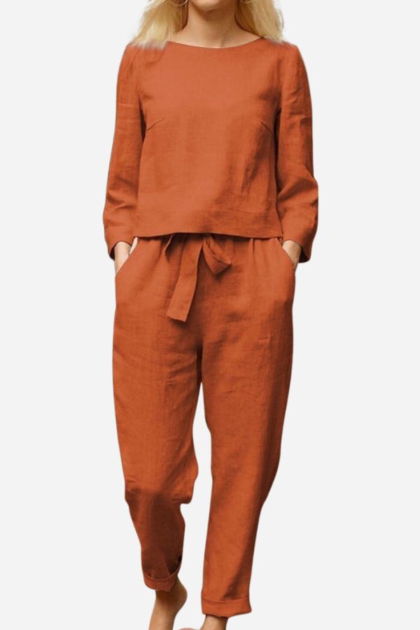 Ayla™ linen set, rust orange: long-sleeve top and drawstring ankle pants
