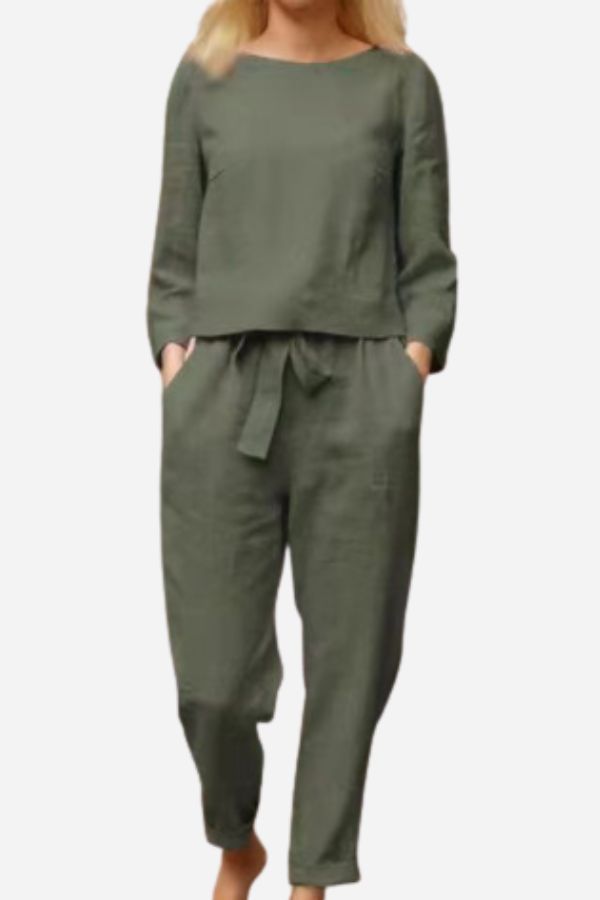 Ayla™ linen set, olive green: long-sleeve top and drawstring ankle pants