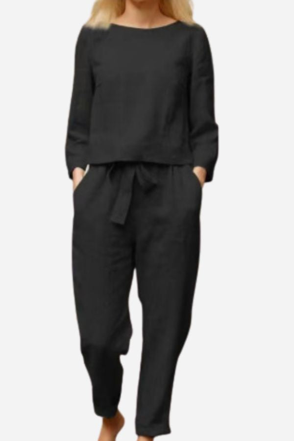 Ayla™ linen set, black: long-sleeve top and drawstring ankle pants