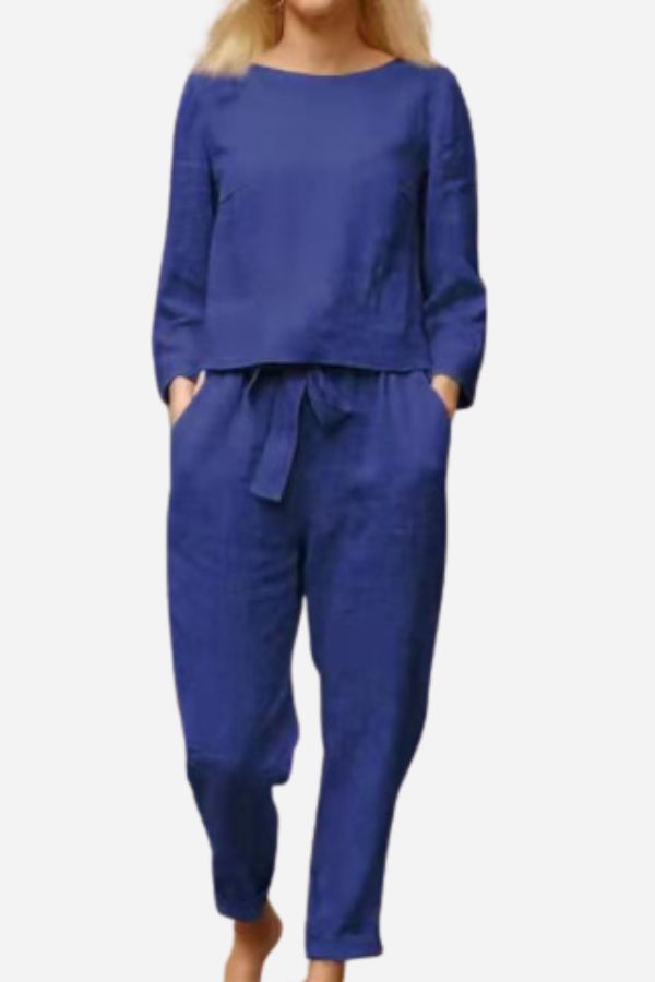 Ayla™ linen set, royal blue: long-sleeve top and drawstring ankle pants
