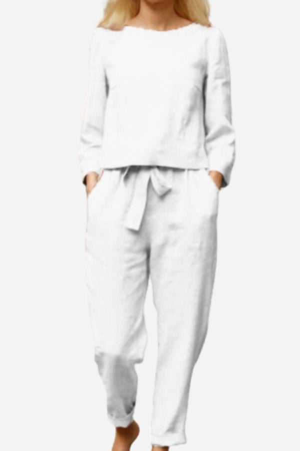 Ayla™ linen set, white: long-sleeve top and drawstring ankle pants