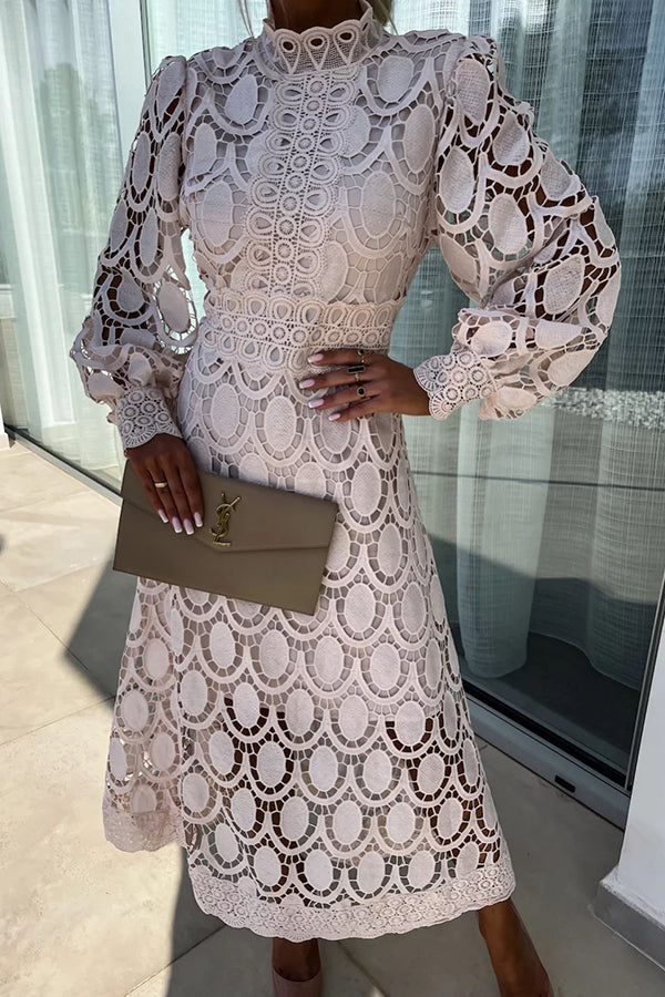 Charlene™ elegant lace midi dress in beige, long puff sleeves, high neck