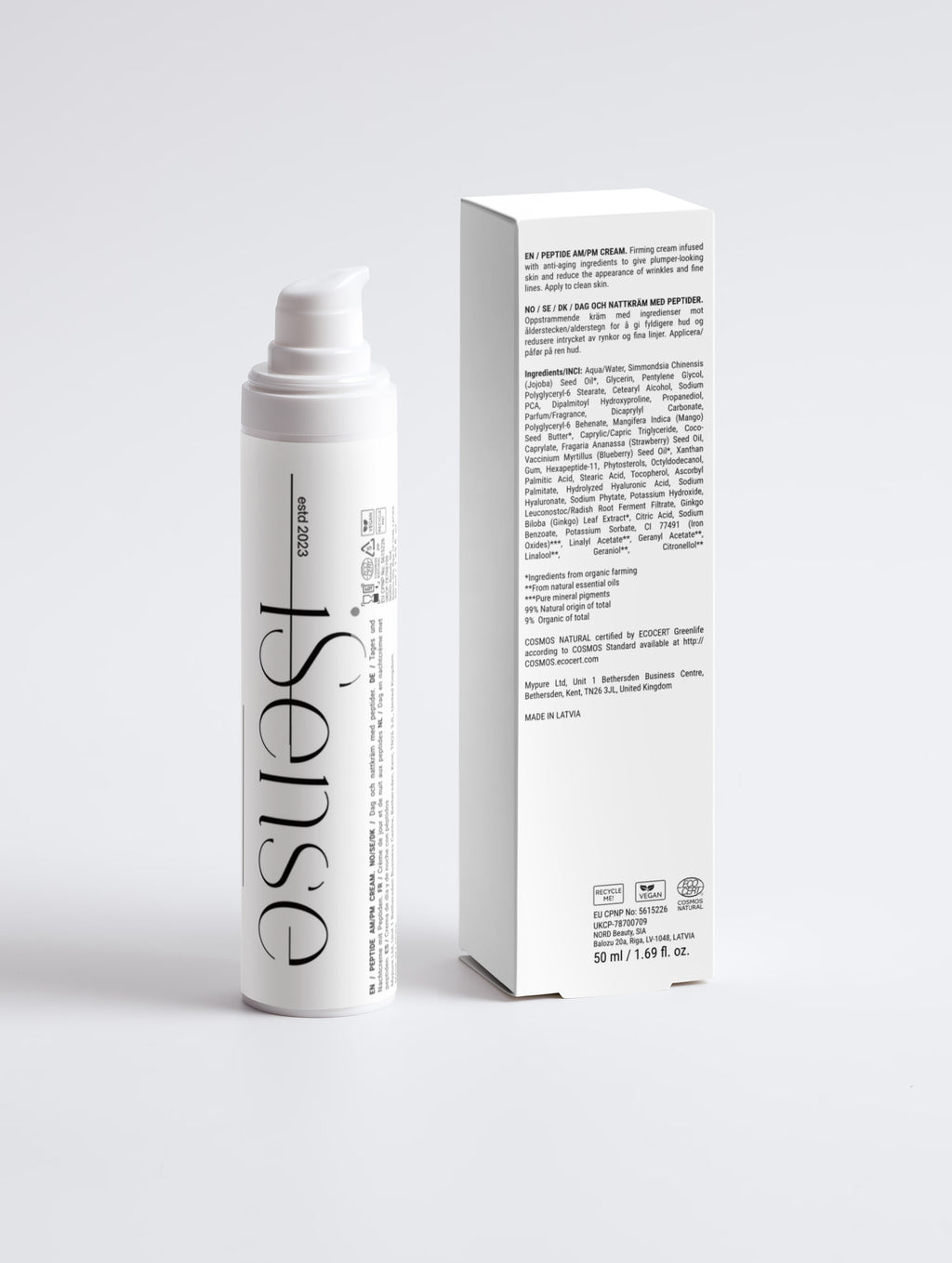 Anti-age peptide serum bottle with white gift box, pump dispenser