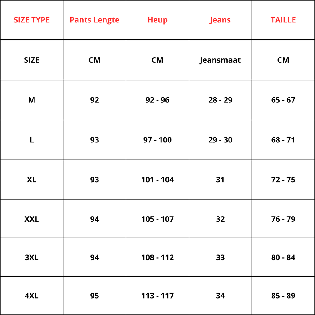 Size chart table for Oriana™ women’s cotton pants: sizes M to 4XL in cm