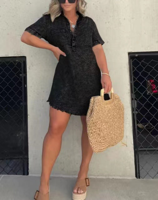 Black denim-style casual dress with button placket, short sleeves, and frayed hem