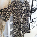 GRUSHA leopard print dress with gathered waist and tiered hem, front buttons