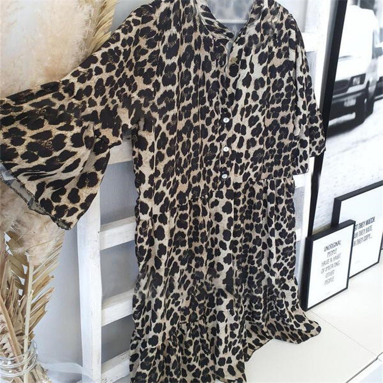 GRUSHA leopard print dress with gathered waist and tiered hem, front buttons