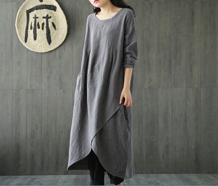 Gray oversized spring dress with 3/4 sleeves, round neck, asymmetrical draped hem