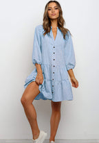 Comfy blue check summer dress with button front and puff sleeves, knee-length