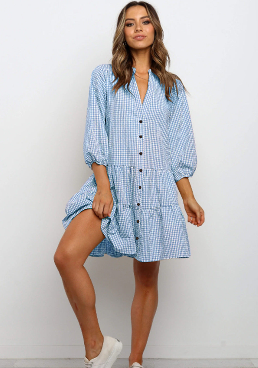 Comfy blue check summer dress with button front and puff sleeves, knee-length