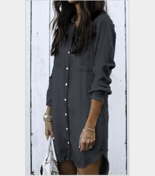 Long-sleeve shirt dress, black, button-front with chest pockets