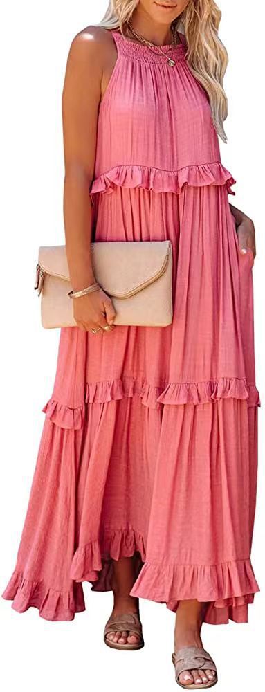 Pink tiered maxi dress with ruffled layers and sleeveless high neckline