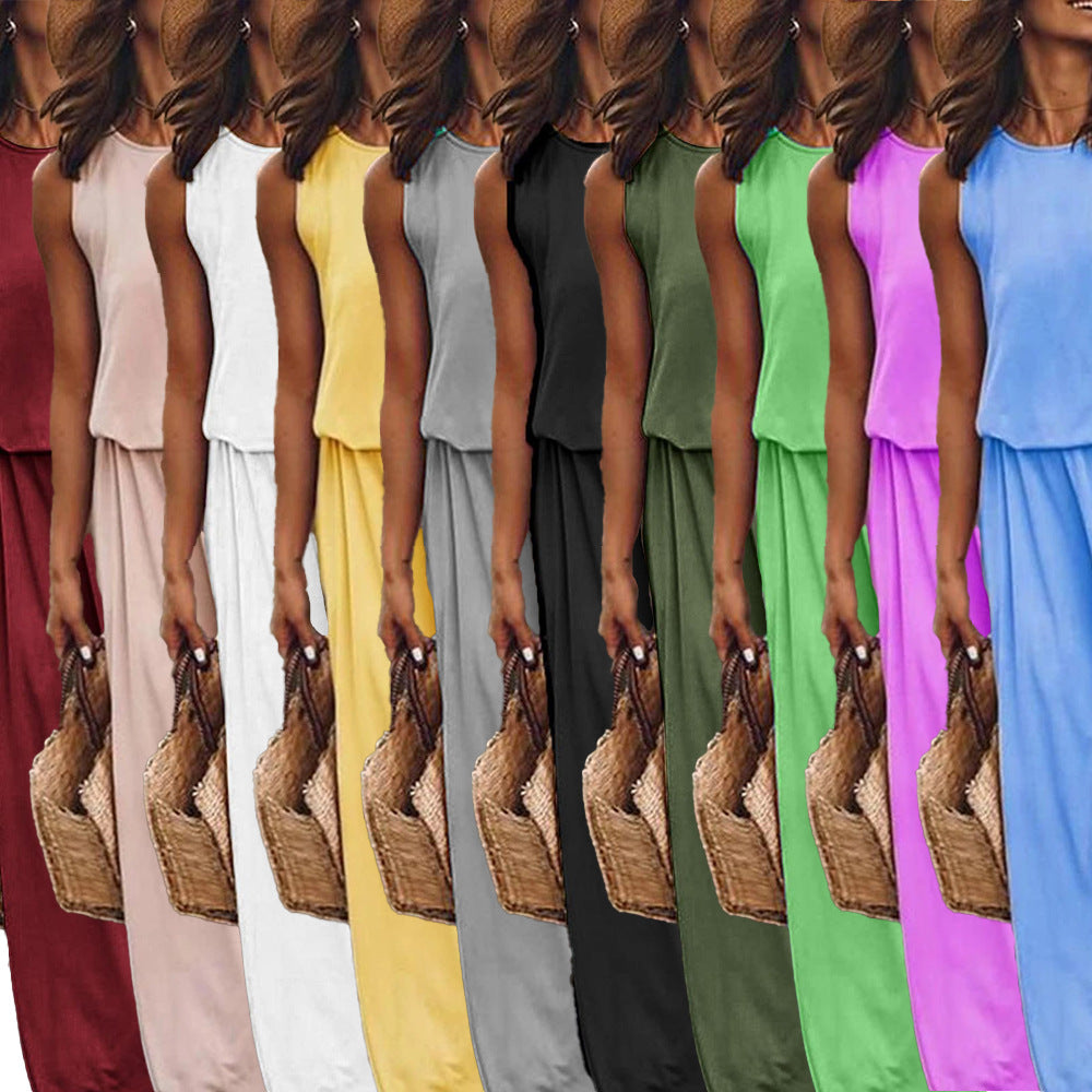 Sleeveless summer dresses in multiple colors, tiered tops with long flowing skirts