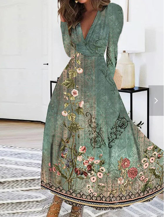 JULISSA green floral V-neck maxi dress with long sleeves and gathered waist