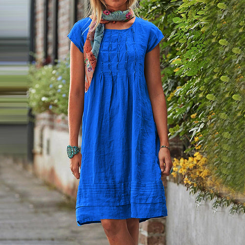 Women's short-sleeve summer dress, bright blue tiered skirt and pintuck bodice