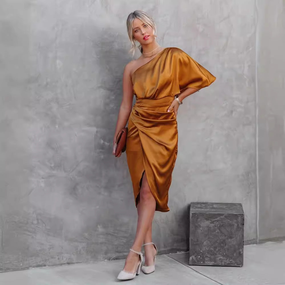 ALBA satin one-shoulder mini dress, gold, draped bodice and side slit