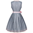 Blue-gray Oktoberfest dress with pink satin waist ribbon and lace-trim skirt hem