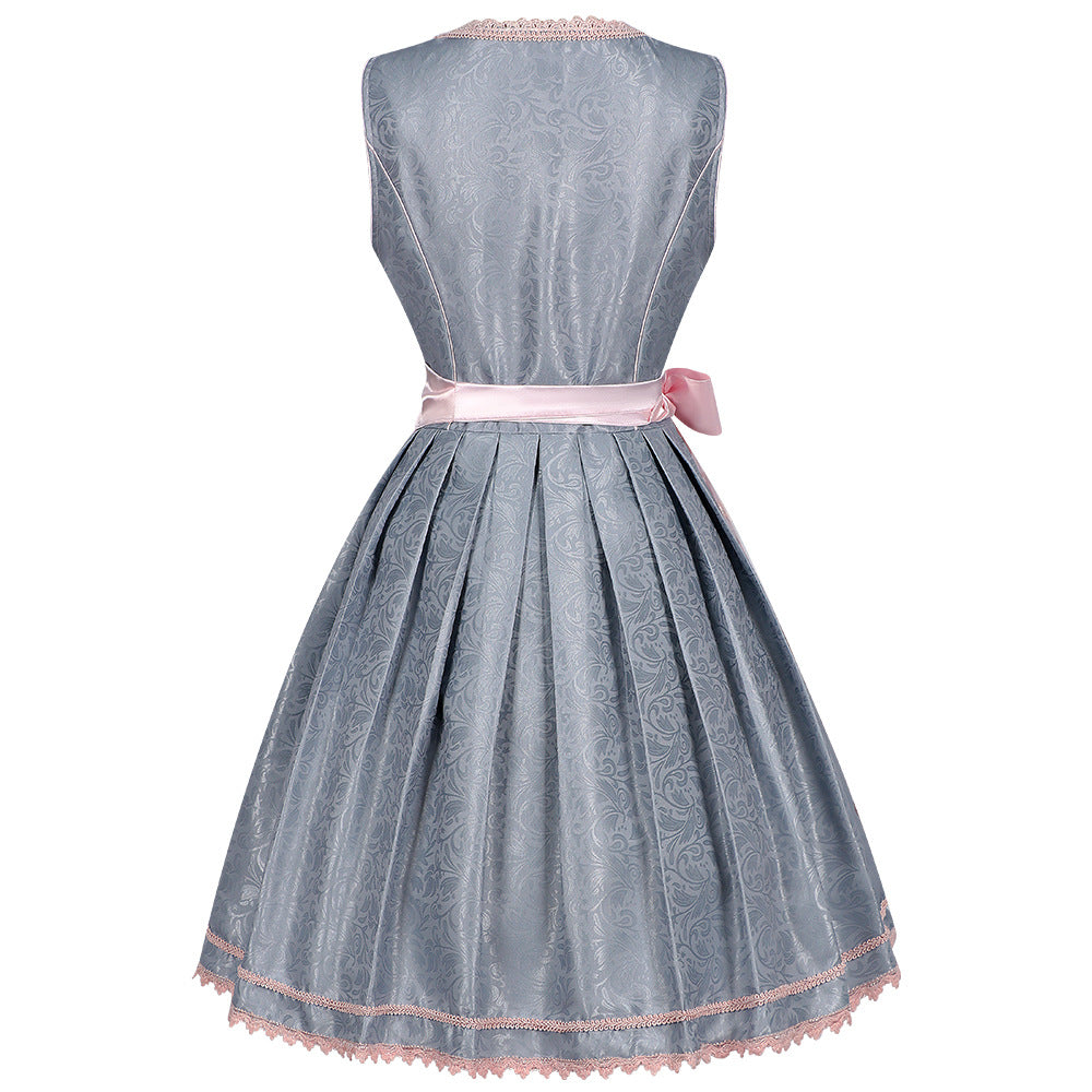 Blue-gray Oktoberfest dress with pink satin waist ribbon and lace-trim skirt hem