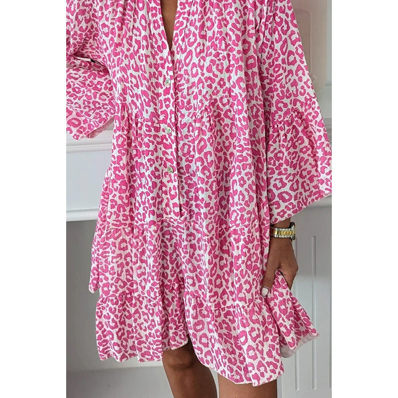 KALI pink leopard-print maxi dress, side view with flared sleeves and tiered hem