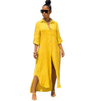 Yellow button-front maxi summer dress with three-quarter sleeves and side slit