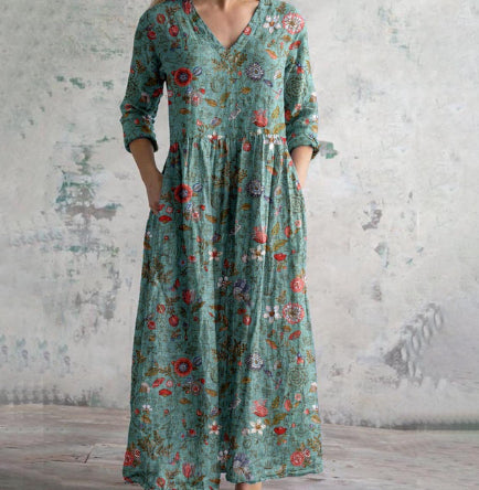 Teal floral summer dress, V-neck, 3/4 sleeves, gathered skirt