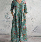 Teal floral summer dress, V-neck, 3/4 sleeves, gathered skirt