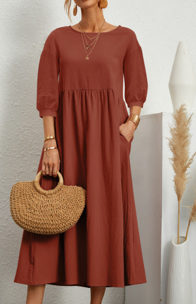 WEGAHTA long dress in rust brown with gathered waist and 3/4 puff sleeves