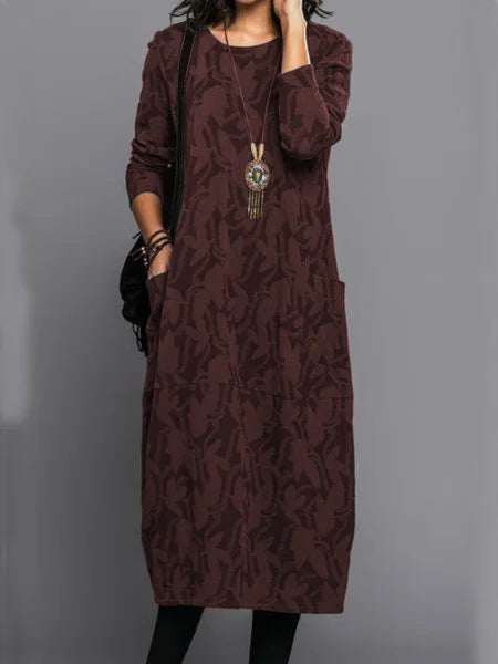 Stylish long wine red patterned dress with long sleeves and round neckline