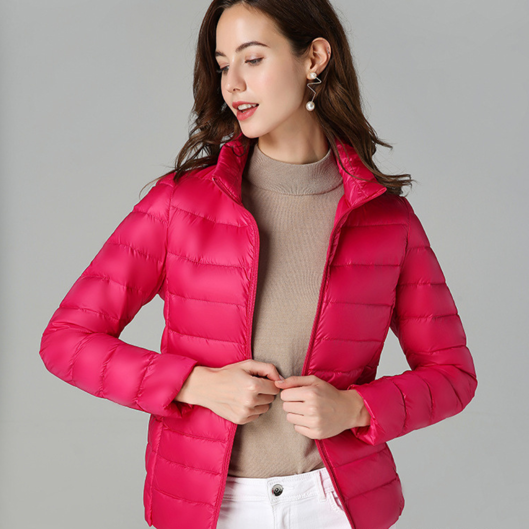 Red padded spring jacket with full zipper and stand collar