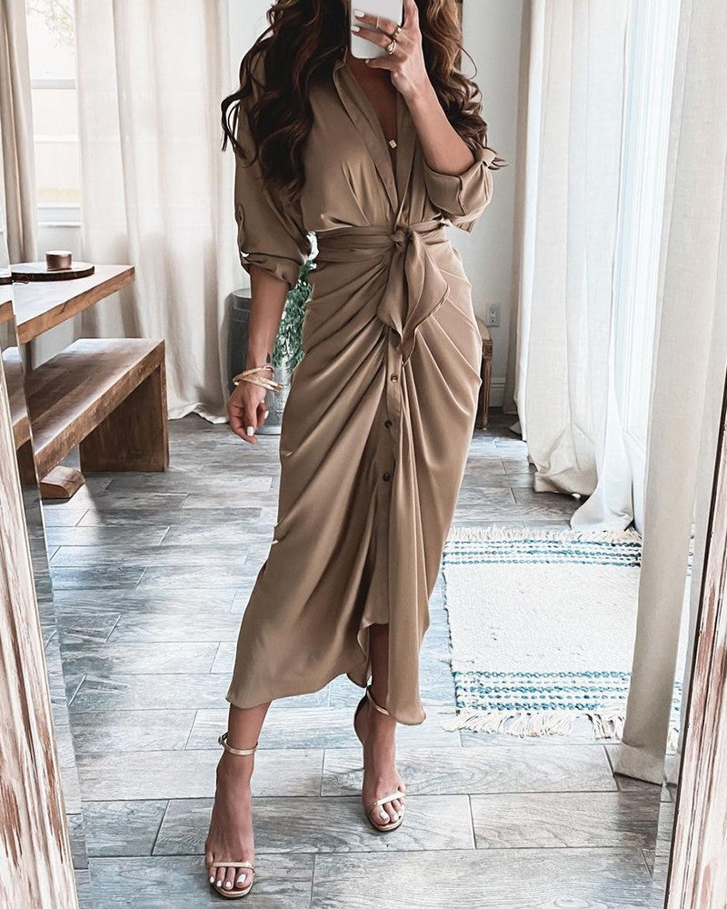 Wrap midi dress with waist tie, button front, taupe solid fabric