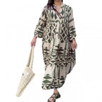 Women’s maxi dress with long sleeves, V-neck, geometric black and olive pattern