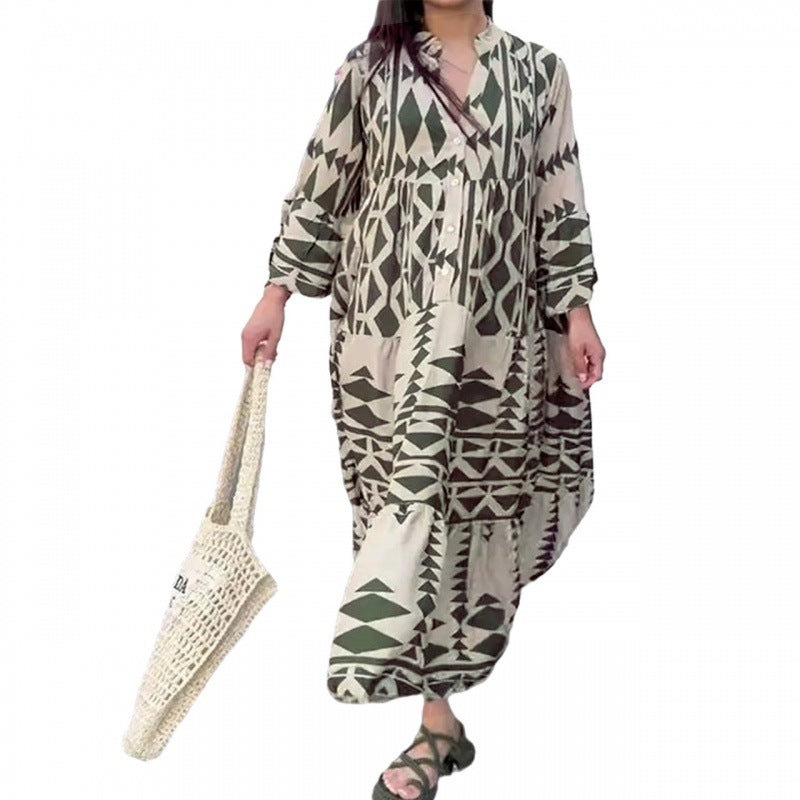 Women’s maxi dress with long sleeves, V-neck, geometric black and olive pattern