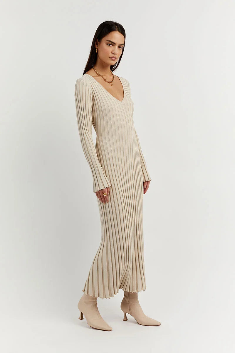 Beige V-neck midi dress with long sleeves and vertical ribbed stripes