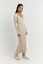 Beige V-neck midi dress with long sleeves and vertical ribbed stripes
