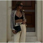 Clara™ elegant blouse, black-and-white striped V-neck with button front