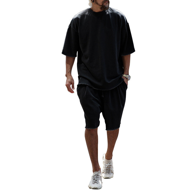 Black relaxed summer set: short-sleeve T-shirt and knee-length shorts
