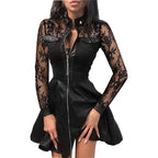 Black lace sleeves zip-front mini dress with black peplum skirt and front pockets