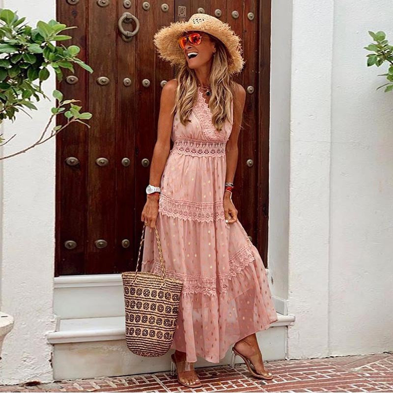 FLORENCE pink boho dress, sleeveless V-neck with lace trim and tiered ruffles